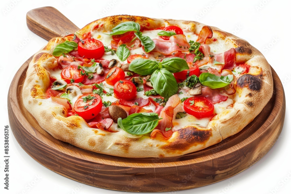 Canadian Pizza or Regina with Bacon, Tomatoes, Boletus Mushrooms, Fresh Basil, Tomato Sauce Canadian Pizza or Regina with Bacon, Tomatoes, Boletus Mushrooms, Fresh Basil, Tomato Sauce