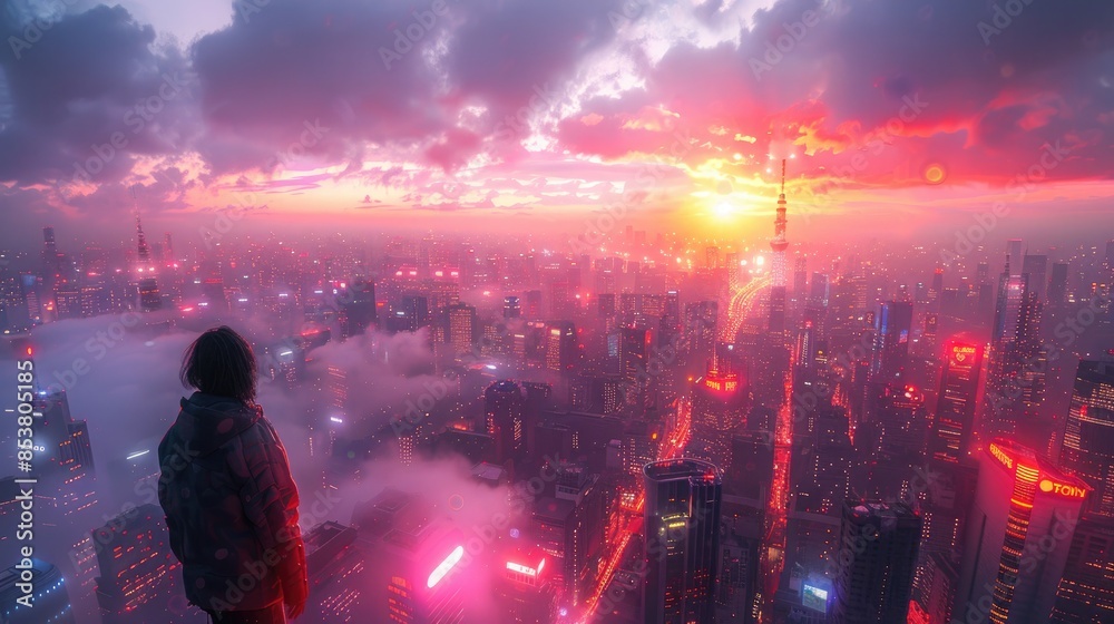 Fototapeta premium Futuristic Cityscape Glowing with Neon Lights and Holographic Displays