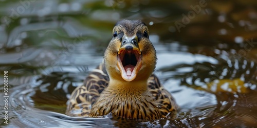 A closeup of a duck quacking in a lake. photo