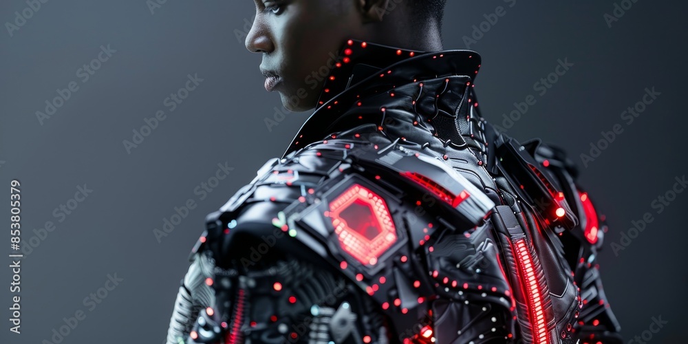 A superhero wearing a black and red suit with a red light on his chest. A superhero wearing a black and red suit with a red light on his chest.