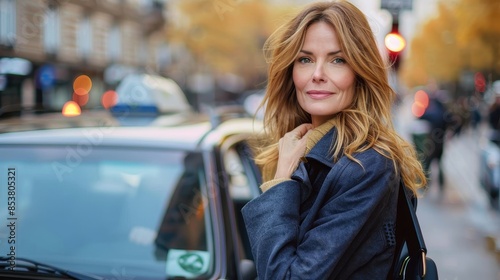 A fashionable mature woman adjusts her coat by a luxury car in an urban setting, portraying grace and style