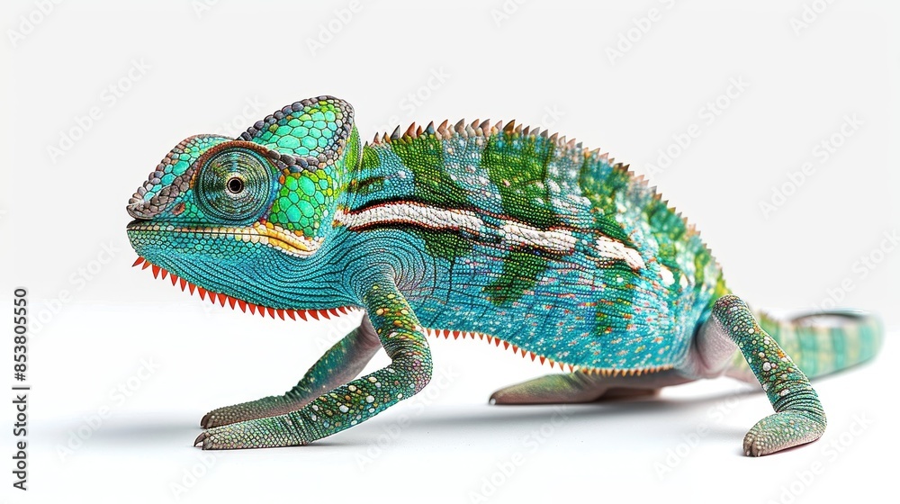 Naklejka premium This image captures a colorful chameleon mid-walk, showcasing its beautiful patterns and textures on a white surface