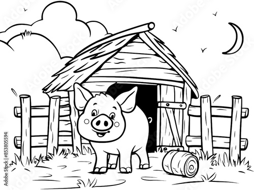 Children picture, coloring book. Barn in an agricultural yard with a pig. Generative ai vector.