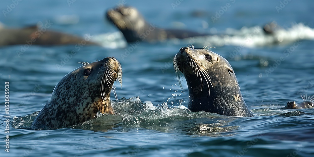 Fototapeta premium Cute fur seals swimming in the ocean