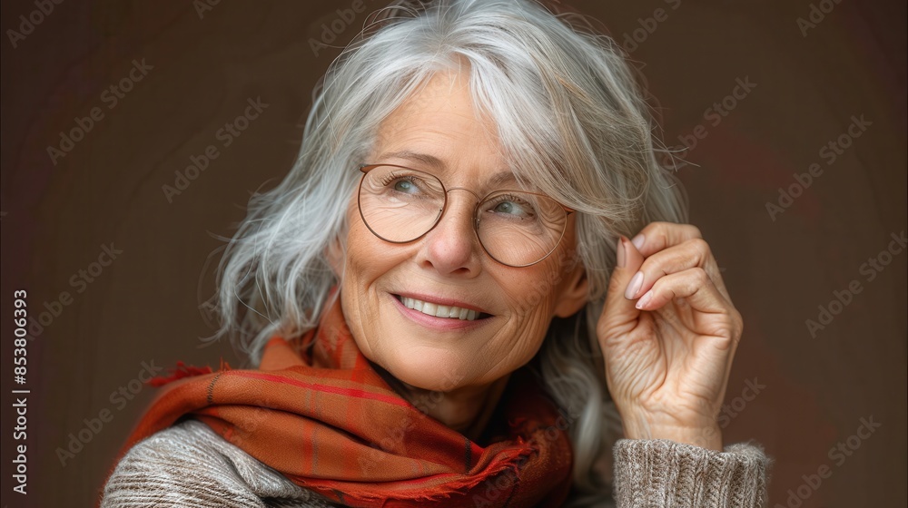 An elder lady with glasses and a gentle smile adjusting her eyewear in a soft light setting An elder lady with glasses and a gentle smile adjusting her eyewear in a soft light setting