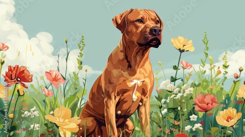 A dog sitting in a garden, surrounded by blooming flowers, with a content and happy expression. photo