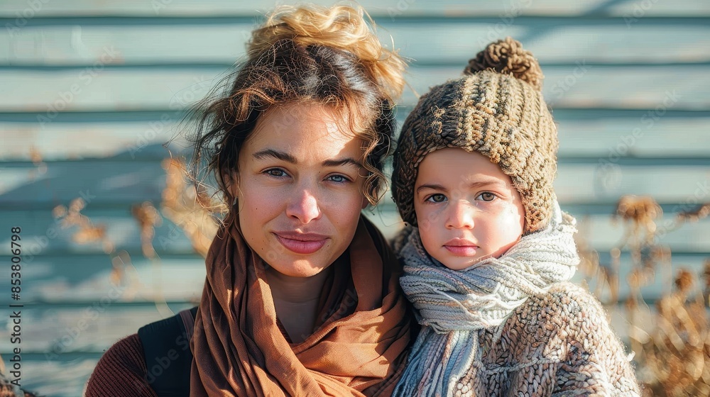 Obraz premium A joyful mother and child closely embracing, showcasing their similar features and happiness together