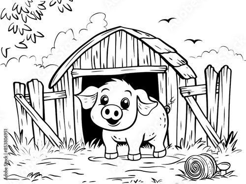 Children picture, coloring book. Barn in an agricultural yard with a pig. Generative ai vector.