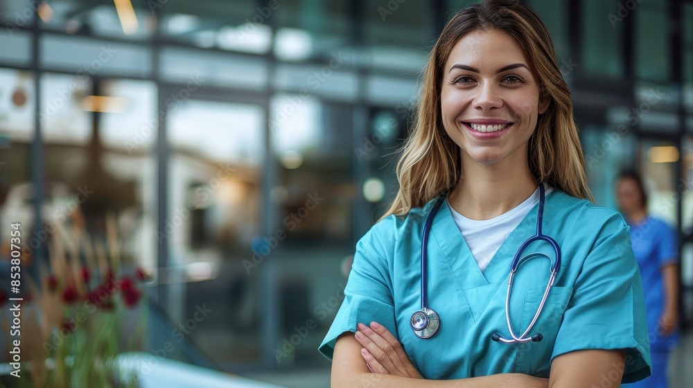 A smiling nurse stands confidently with crossed arms in front of a contemporary hospital A smiling nurse stands confidently with crossed arms in front of a contemporary hospital