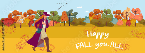 Autumn rural landscape farm field and forest trees, vector banner background farm harvest field, nature landscape rural landscape with elegant lady, girl. Hand drawn vector illustration.