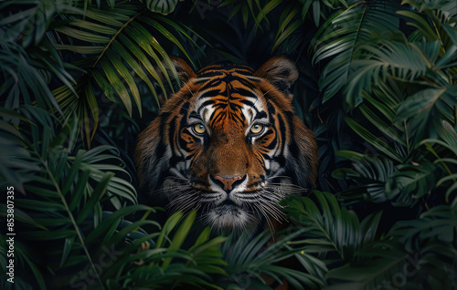 A majestic tiger, with its vibrant orange and black stripes, peering out from the lush green foliage of an exotic jungle setting