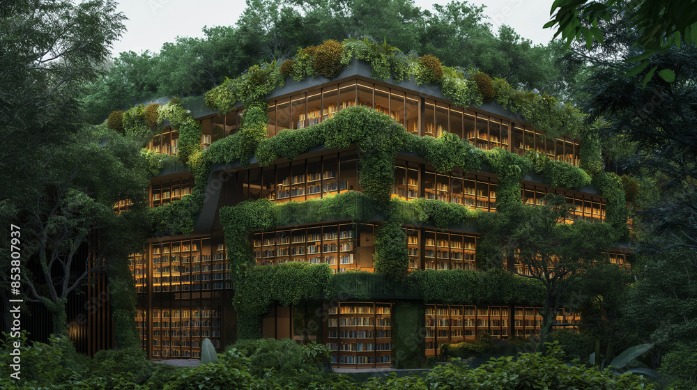 Eco-Friendly Library with Lush Vertical Gardens in a Forest Setting. Generative AI Eco-Friendly Library with Lush Vertical Gardens in a Forest Setting. Generative AI