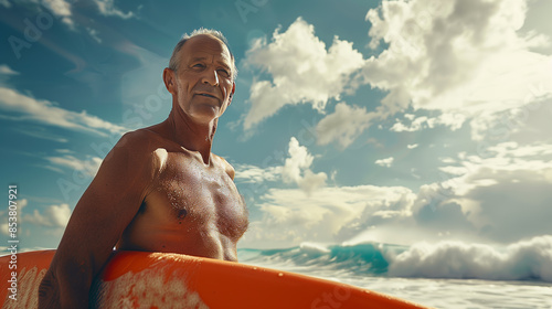 Smiling man in a wetsuit holding a surfboard on the beach, with waves and shoreline in the background, capturing a relaxed and adventurous moment.