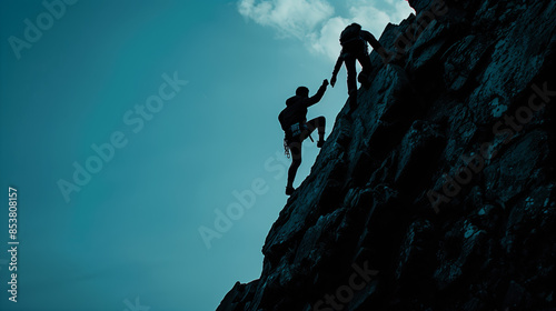 Silhouette of two climbers ascending a steep rock face, with one reaching out to help the other, set against a dusky sky.