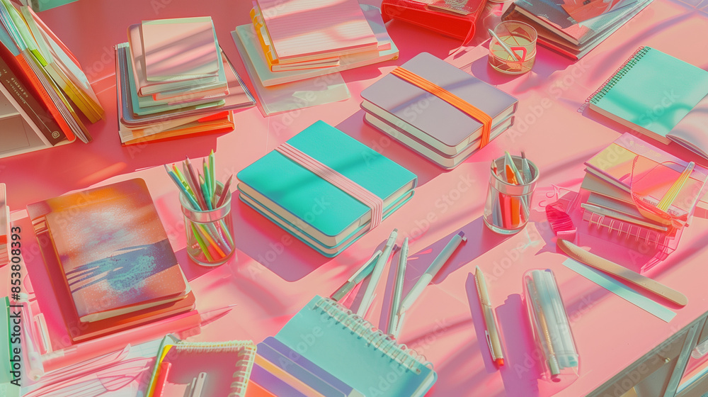 pink desk with school supplies laid out pink desk with school supplies laid out