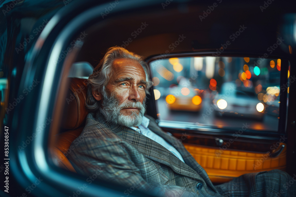 Elderly businessman, looking distinguished in a tailored suit, sits in the back seat of a luxury car. He gazes out the window at the city lights