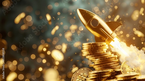 Gold stack and flying coins with rocket performance for price increase and bull market concept, wide banner with copy space