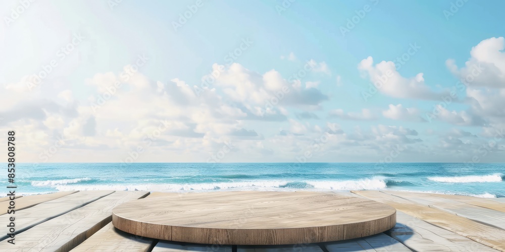 Empty wooden podium on the beach with blue sky and ocean background. Empty wooden podium on the beach with blue sky and ocean background.