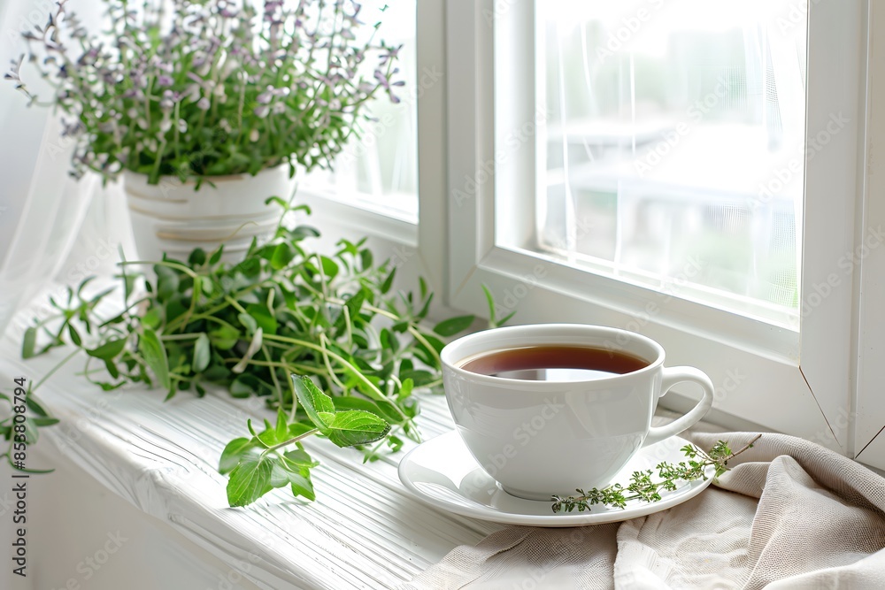 a cup of of coffee near the windowsill with potted herbs a cup of of coffee near the windowsill with potted herbs