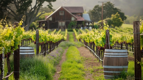 A picturesque vineyard with rows of grapevines, rustic barrels photo