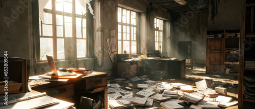 Sunlight filters through broken windows, casting a warm glow over a cluttered and abandoned office, hinting at stories left behind. photo