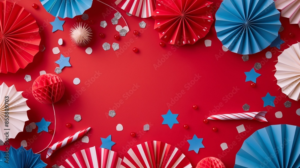 Obraz premium Festive decorations for a patriotic celebration, including red, white, and blue paper fans and rockets, set against a bright red background. The items are arranged in a lively and celebratory manner.