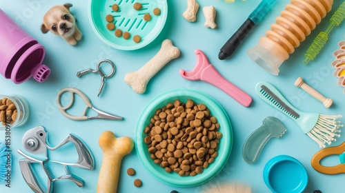 
Pet supplies such as a food bowl filled with kibble, a bone, toys, and grooming tools arranged neatly on a light blue background. The items are placed around the edges, creating a clean and organized photo