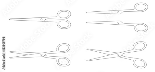 Cartoon line open and closed scissors icon. Flat vector open or close scissor for cutting coupon, voucher or paper. For dotted line with shears or scissors cut lines symbol. Tools for barber shop.