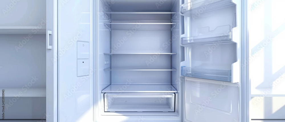 A modern, empty refrigerator with spacious white shelves and a clean, minimal interior, lit by soft daylight, ready for food storage. A modern, empty refrigerator with spacious white shelves and a clean, minimal interior, lit by soft daylight, ready for food storage.