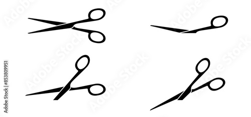 Cartoon line open and closed scissors icon. Flat vector open or close scissor for cutting coupon, voucher or paper. For dotted line with shears or scissors cut lines symbol. Cutout lines, snip markers