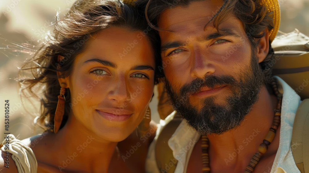 Fototapeta premium Captivating Couple Portrait in Sunlit Outdoor Setting, Showcasing Natural Beauty and Fashion in Enchanting Summer Atmosphere, Highlighting Love, Adventure, and Connection in Warm, Golden Light