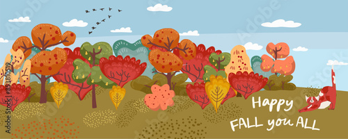Autumn rural farm landscape farm field and forest trees, vector banner background landscape rural landscape with ginger cat and places for text. Hand drawn vector illustration vector illustration.