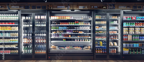 Fully stocked supermarket refrigerator showcasing a vibrant array of beverages, dairy products, and fresh produce. photo