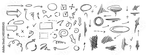 Doodle design elements and arrows. Elements for infographics. Hand drawn vector set of icons, frames, borders, arrows in isolated on white background.