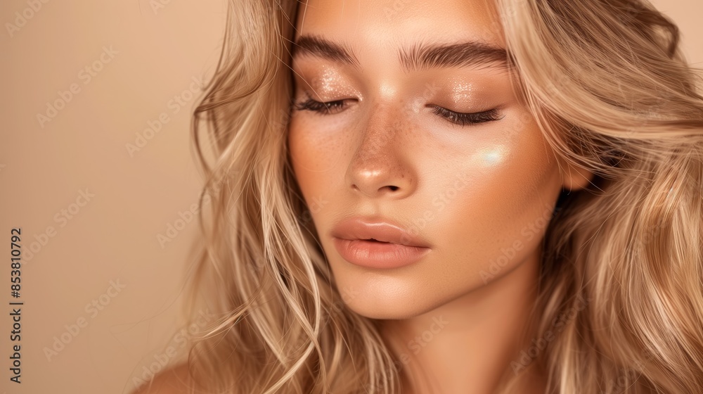 Photography of a close-up model with long blonde hair and flawless makeup, Stunning close-up of a blonde model with shimmering makeup and natural beauty Photography of a close-up model with long blonde hair and flawless makeup, Stunning close-up of a blonde model with shimmering makeup and natural beauty