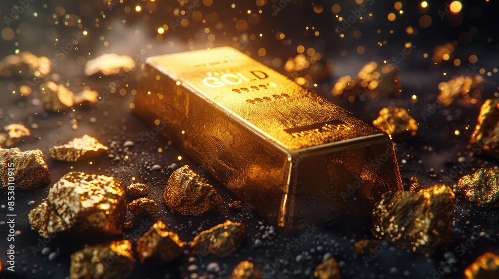 A lustrous gold bar surrounded by scattered gold nuggets, all gleaming under a soft light on a dark background