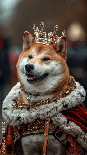 Shiba Inu doge dog smiling as king wearing jewellery gold crown and red coat