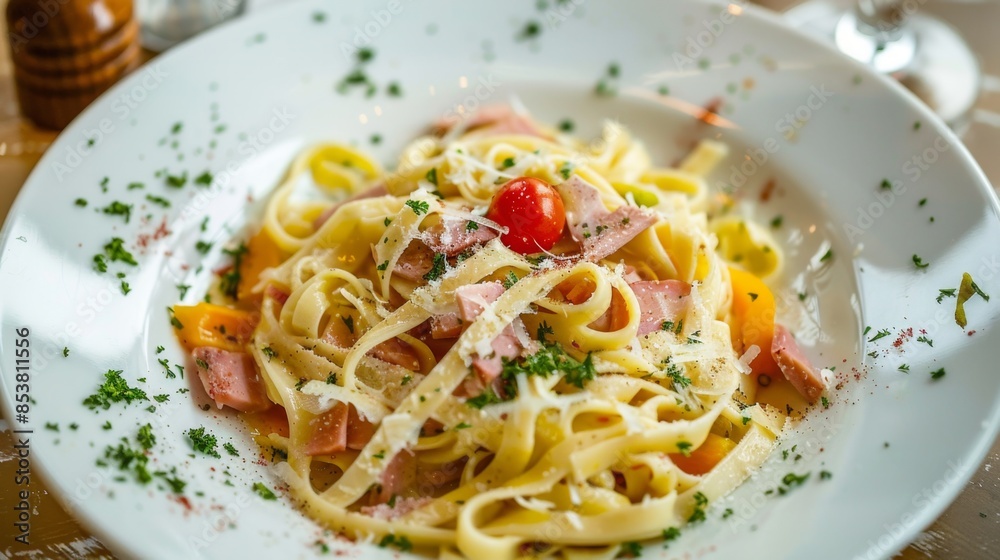 Delicious Fettuccine Alfredo with Ham and Vegetables, Generative AI Delicious Fettuccine Alfredo with Ham and Vegetables, Generative AI