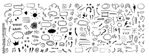 Simple sketch line style elements. Doodle cute ink pen line elements isolated on white background. Doodle arrow, heart, star, decoration symbol, icon set. Vector illustration.