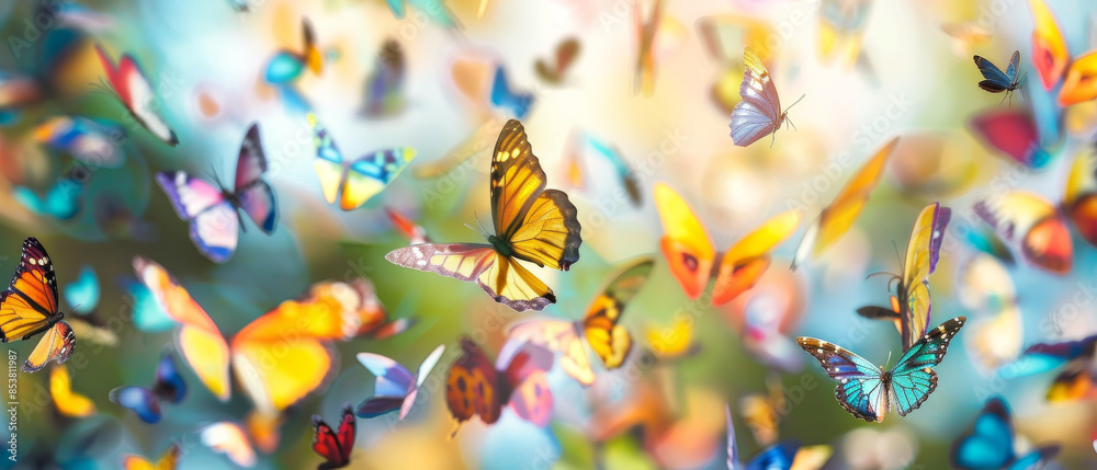 A captivating swarm of butterflies dances through the air in a colorful and magical display, bringing a sense of wonder and joy. A captivating swarm of butterflies dances through the air in a colorful and magical display, bringing a sense of wonder and joy.