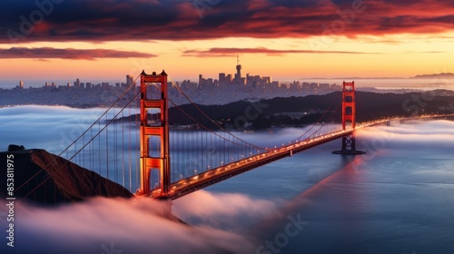 Golden Gate Bridge in San Francisco, California at sunrise with fog and city skyline in the background. Aerial view, drone perspective. photo