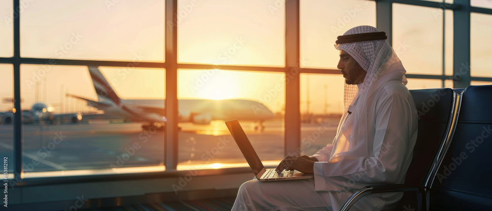 A person in traditional attire works on a laptop at an airport lounge, with the warm glow of the sunset in the background. A person in traditional attire works on a laptop at an airport lounge, with the warm glow of the sunset in the background.