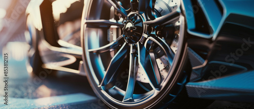 A sleek car wheel with shiny chrome details illuminated, emphasizing craftsmanship in a stunning close-up shot. © Ai Studio
