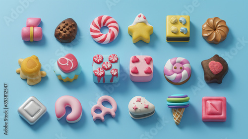 Delicious colorful candies lying on blue background forming pattern