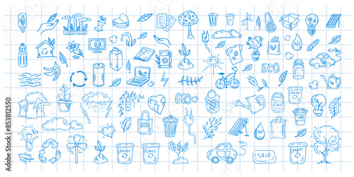 Set of ecology. Hand drawn design vector illustration. Ecology problem, recycling and green energy icons in doodle style on checkered notebook sheet background.