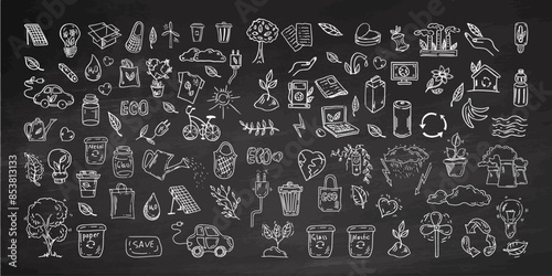 Simple sketch line style elements. Doodle cute ink pen line elements isolated on chalkboard  background. Doodle arrow, heart, star, decoration symbol, icon set. Vector illustration.