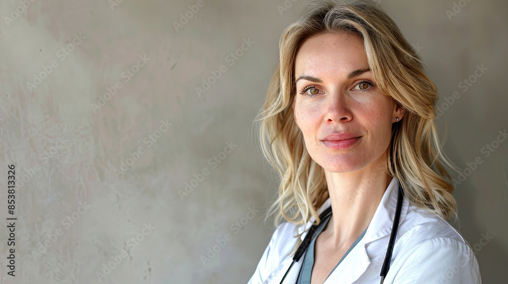 beautiful portrait of smiling middle-aged Caucasian blonde female woman doctor standing with long golden hair in white uniform and stethoscope around her neck beautiful portrait of smiling middle-aged Caucasian blonde female woman doctor standing with long golden hair in white uniform and stethoscope around her neck