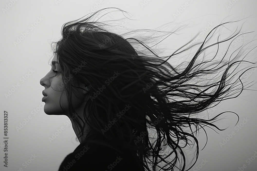 Naklejka premium Dark silhouette of a woman with flying hair close-up. Generated by artificial intelligence
