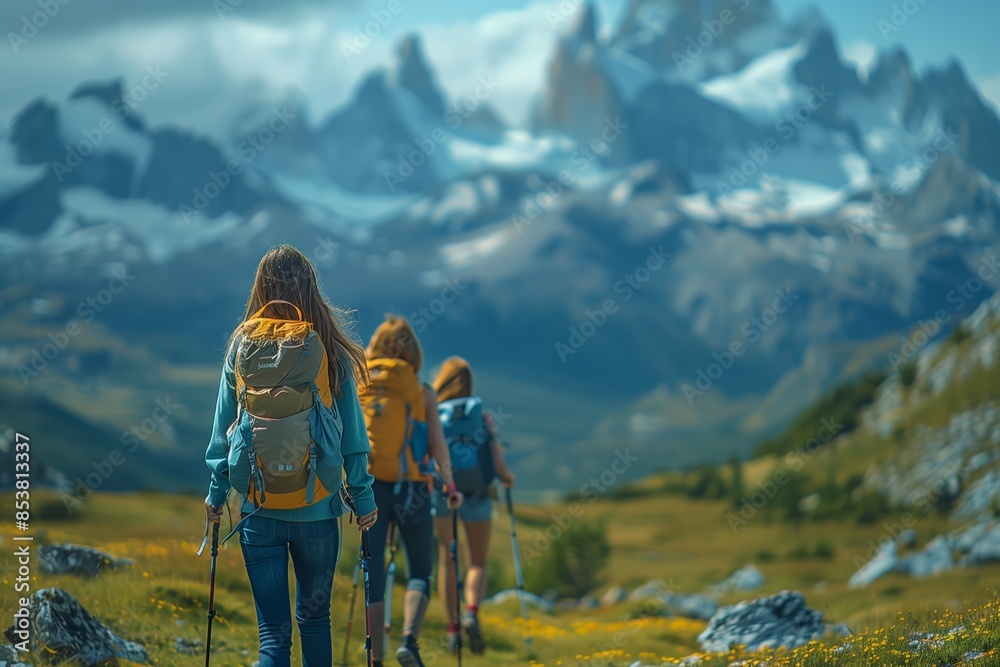 Obraz premium Group Hiking Adventure in Mountain Wilderness