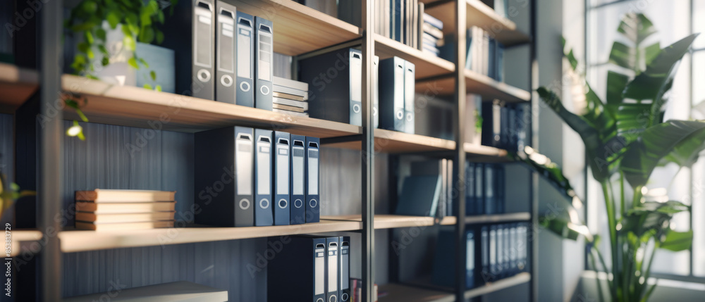 Sunlit office shelves filled with neatly arranged files and documents create a tidy and efficient workspace, emphasizing functionality and order. Sunlit office shelves filled with neatly arranged files and documents create a tidy and efficient workspace, emphasizing functionality and order.